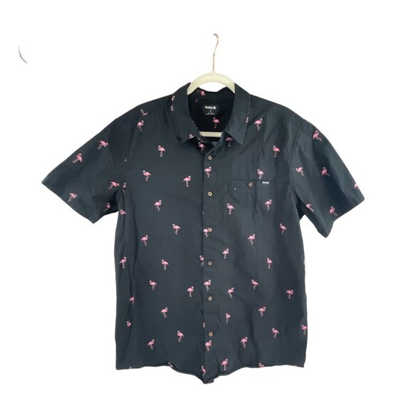 Hurley Black Button-Up Shirt Pink Flamingo Print Short Sleeves Casual Vacation L - Picture 1 of 12